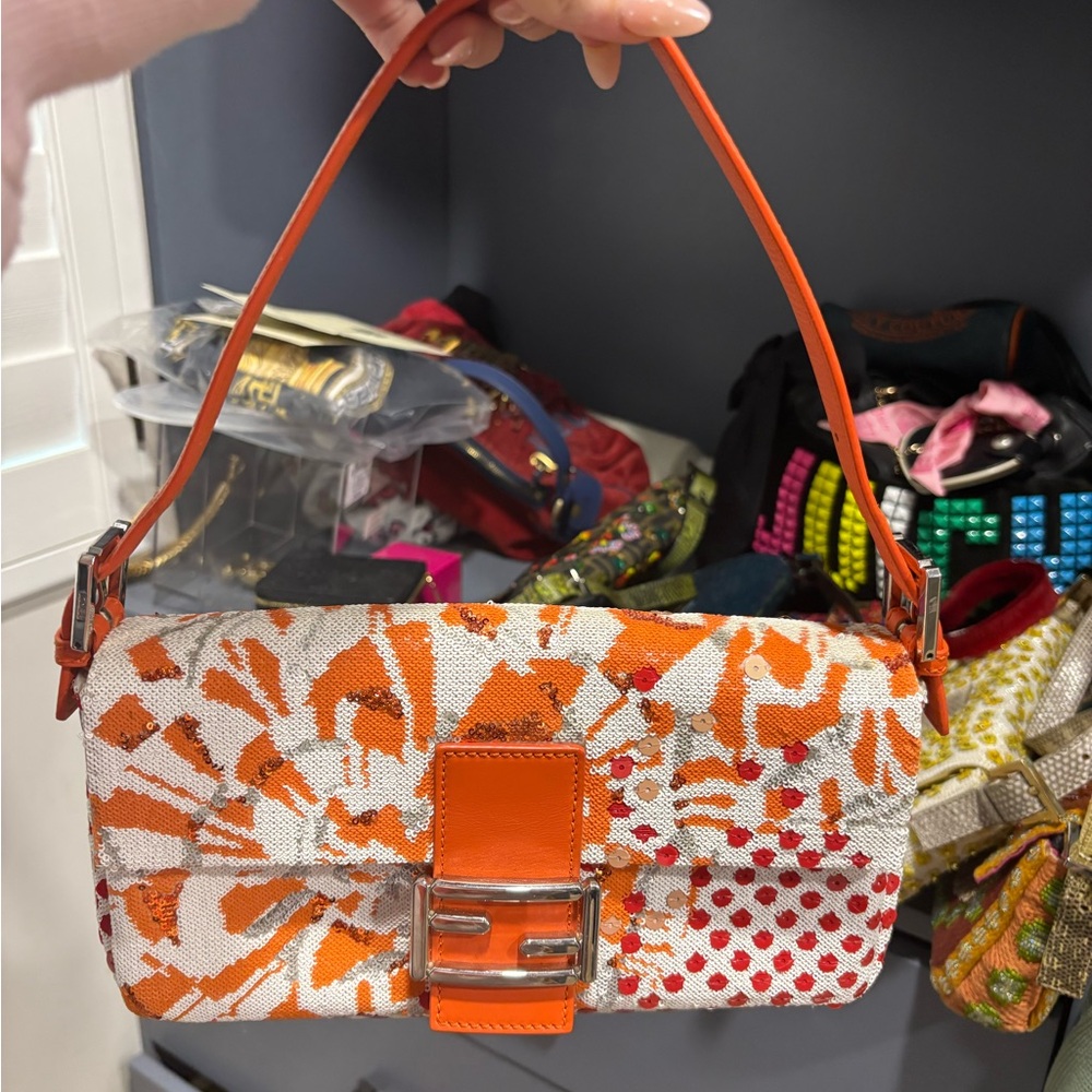 Fendi Orange and White Sequin Baguette